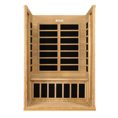 Golden Designs Inc. 1-2 person low EMF FAR IR sauna interior with wooden benches and infrared heating panels.