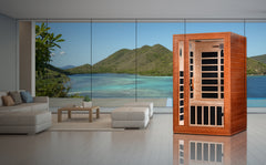 Golden Designs Inc. DYN-6203-01 2 Elite Person Low EMF FAR IR Sauna with wooden interior and seating for relaxation.