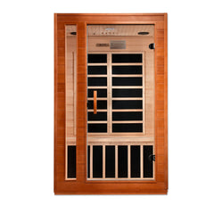 Golden Designs Cordoba 2-person low EMF infrared sauna with wood interior and control panel, designed for relaxing far infrared therapy.