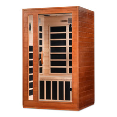 Golden Designs Cordoba 2-person low EMF infrared sauna with wooden interior and control panel for relaxing therapy sessions.