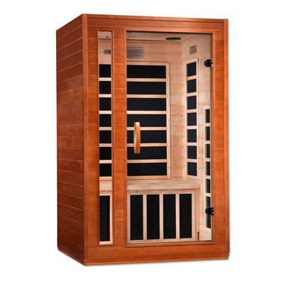 Golden Designs Inc. DYN-6203-01 2 Elite Person Low EMF Far Infrared Sauna showing wooden interior and control panel