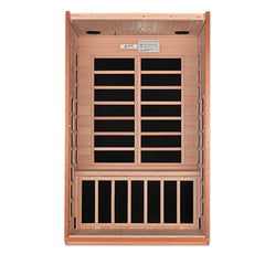 Golden Designs Inc. DYN-6203-01 2 Elite Person Low EMF FAR IR Sauna with wooden interior and control panel, designed for relaxation.
