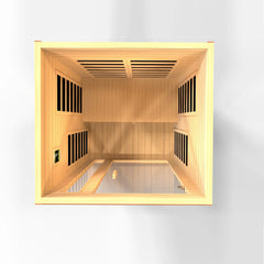 Golden Designs Cordoba 2-Person Infrared Sauna with low EMF panels, featuring natural wood finish and spacious interior.