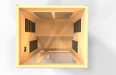 Golden Designs Inc. DYN-6203-01 2 Elite Person Low EMF FAR IR Sauna with wooden interior and control panel.