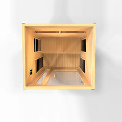Golden Designs Serena 2-person full spectrum infrared sauna with wood interior and glass door, designed for home relaxation.