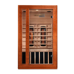 Golden Designs Serena 2-person full spectrum infrared sauna, new 2026 model, with glass doors and wooden interior.
