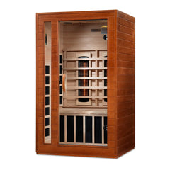 Golden Designs Serena 2-person full spectrum infrared sauna with glass doors and wooden interior for relaxing heat therapy.
