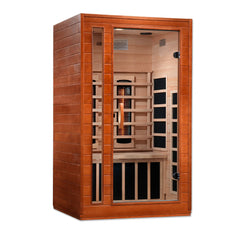 Golden Designs Serena 2-person full spectrum infrared sauna showing glass door and wooden interior in a modern home setting