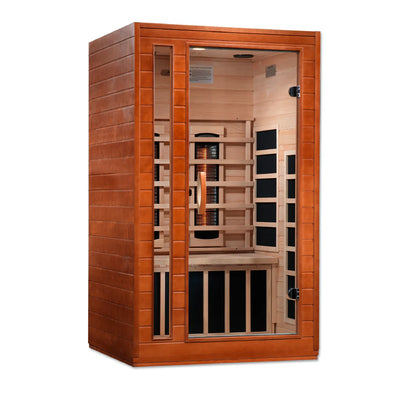 Golden Designs Serena 2-person full spectrum infrared sauna showing glass door and wooden interior in a modern home setting