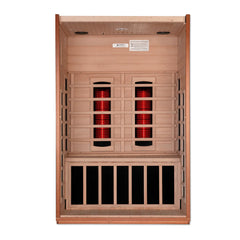 Golden Designs Serena 2-person full spectrum infrared sauna with wooden interior and glass door, designed for home relaxation.