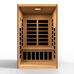 Golden Designs Elite Santiago 2-person low EMF FAR IR sauna with glass door and wooden interior for relaxing infrared therapy.