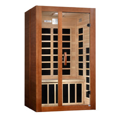 Golden Designs Elite Santiago 2-person ultra low EMF FAR IR sauna with wooden interior and glass door.