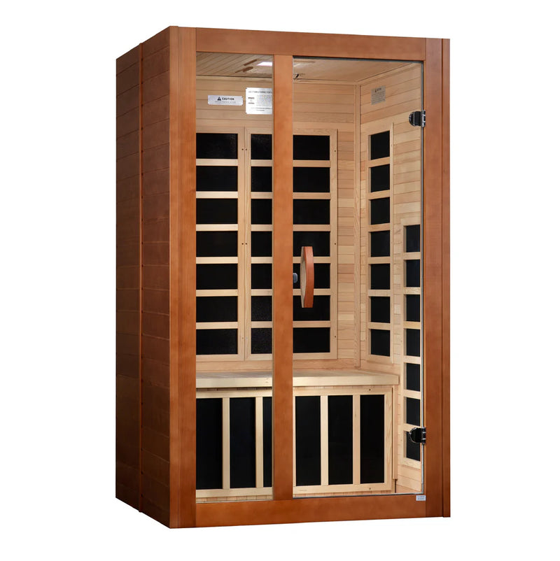 Golden Designs Elite Santiago 2-person ultra low EMF FAR IR sauna with wooden interior and glass door.