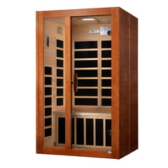 Golden Designs Elite Santiago 2-person infrared sauna with low EMF and Far IR heating, shown with wooden interior panels.