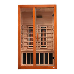 Golden Designs Santiago 2-person full spectrum infrared sauna with glass door and wood interior, designed for home wellness.