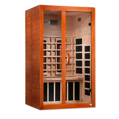 Golden Designs FS Santiago 2-person full spectrum infrared sauna with glass door and comfortable seating.