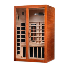 Golden Designs Inc. Santiago 2-person full spectrum infrared sauna with glass doors and wooden interior, designed for relaxation.