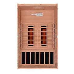 Golden Designs Santiago 2-person full spectrum infrared sauna with glass doors and wooden interior, designed for relaxation and wellness.