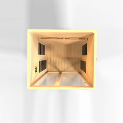 Golden Designs Inc. Santiago 2-person full spectrum infrared sauna with glass doors and wooden interior for relaxation.