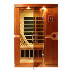 Two-person Golden Designs Inc. low EMF FAR IR sauna with glass door and interior seating, designed for relaxing infrared therapy.