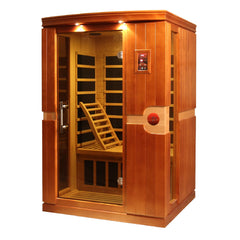Golden Designs Inc. 2-person low EMF far infrared sauna with wooden interior and control panel, designed for relaxation and wellness.