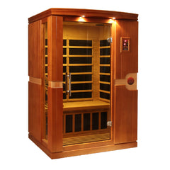 Two-person low EMF far infrared sauna by Golden Designs Inc., showcasing the wooden interior and spacious design.