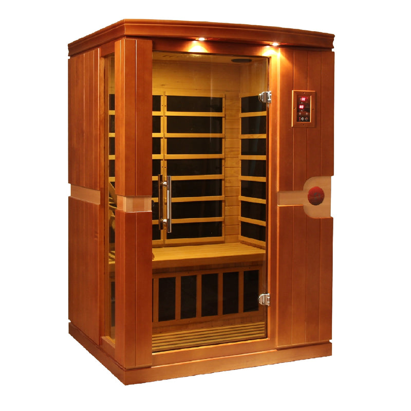 Two-person low EMF far infrared sauna by Golden Designs Inc., showcasing the wooden interior and spacious design.