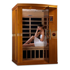 Golden Designs Inc. 2-person low EMF far infrared sauna with glass door and wooden interior for relaxing wellness sessions.