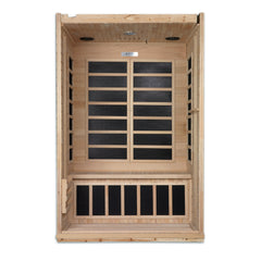 Golden Designs Inc. DYN-6210-01 2-person low EMF far infrared sauna with wooden interior and door, designed for home wellness.
