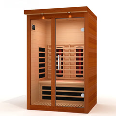 Golden Designs full spectrum Nero Zero EMF far infrared sauna with two-person capacity and modern design, model DYN-6215-03.