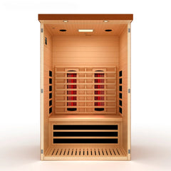 Golden Designs 2-person full spectrum Nero Zero EMF FAR IR sauna with natural wood finish and modern design.