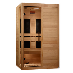 Golden Designs Elite Dynamic Hemming 2-person ultra-low EMF far infrared sauna with wood interior and glass door.