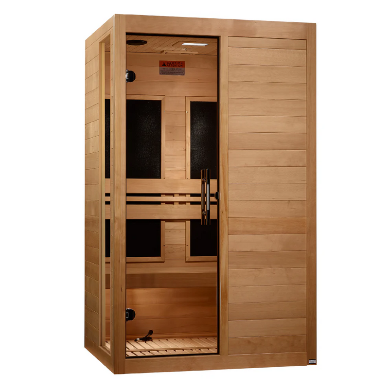 Golden Designs Elite Dynamic Hemming 2-person ultra-low EMF far infrared sauna with wood interior and glass door.