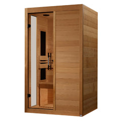 Golden Designs Elite Dynamic Hemming 2-person infrared sauna with low EMF far IR heating panels, compact home spa design.