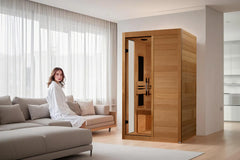 Golden Designs Elite Dynamic Hemming 2-person ultra low EMF far infrared sauna with wooden interior and glass door.