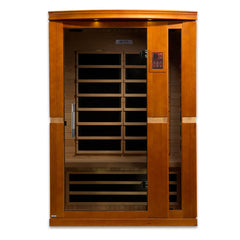 Golden Designs Maxxus Alpine Dual Tech 3-person low EMF FAR IR sauna with wooden interior and control panel.