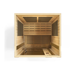 Golden Designs Maxxus Alpine dual tech 3-person low EMF far infrared sauna with wooden interior and glass door.