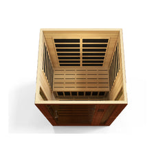 Golden Designs Elite Venice 2-person infrared sauna with low EMF, featuring wooden interior and control panel.