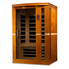 Golden Designs Elite Venice 2-person ultra-low EMF far infrared sauna with glass door and wooden interior.