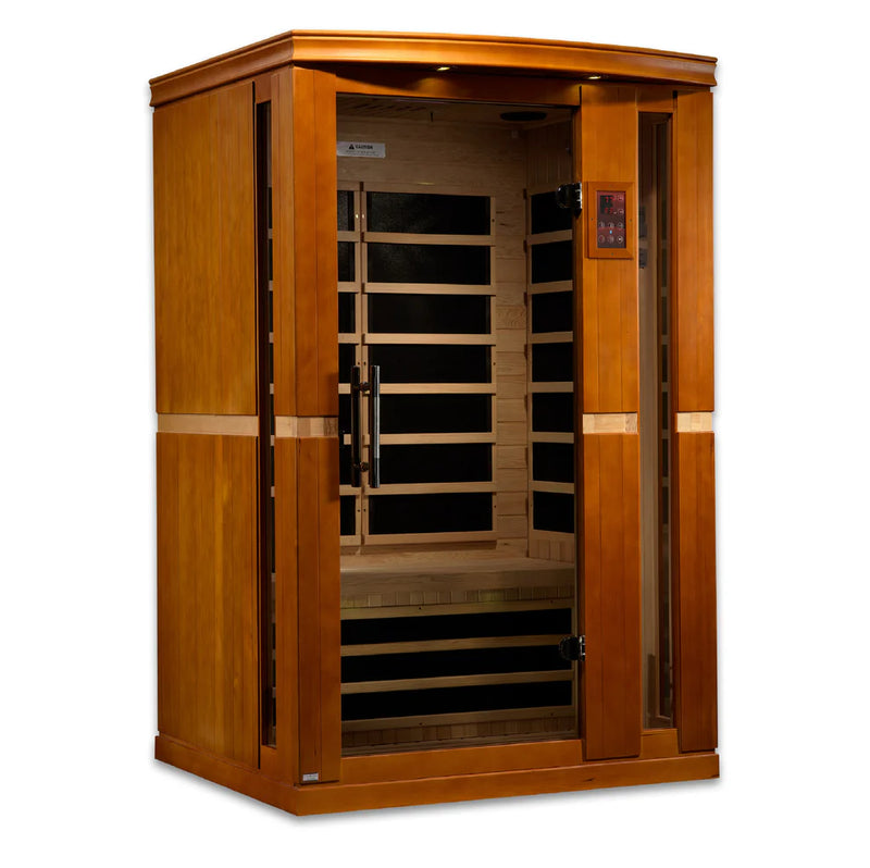 Golden Designs Venice 2-person ultra low EMF far infrared sauna with wooden interior and control panel.