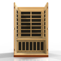 Golden Designs Elite Dynamic Venice 2-Person Infrared Sauna with low EMF, featuring wooden benches and infrared panels.