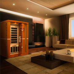 Golden Designs Elite Dynamic Venice 2-person infrared sauna with low EMF and far infrared panels, shown with interior and wooden design.