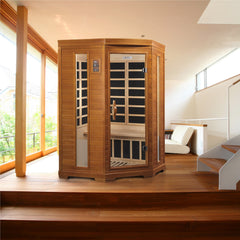 2-person Golden Designs Inc. low EMF far infrared sauna with wooden interior and glass door, designed for home relaxation.