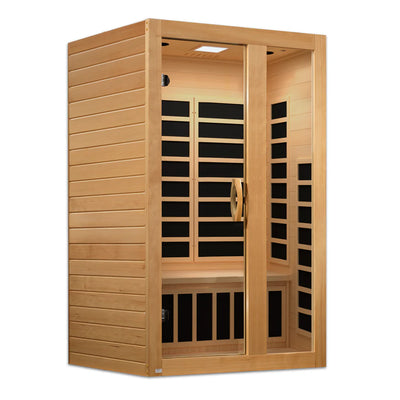 Golden Designs Serena 2-person ultra-low EMF far infrared sauna with sleek wooden interior and digital control panel.