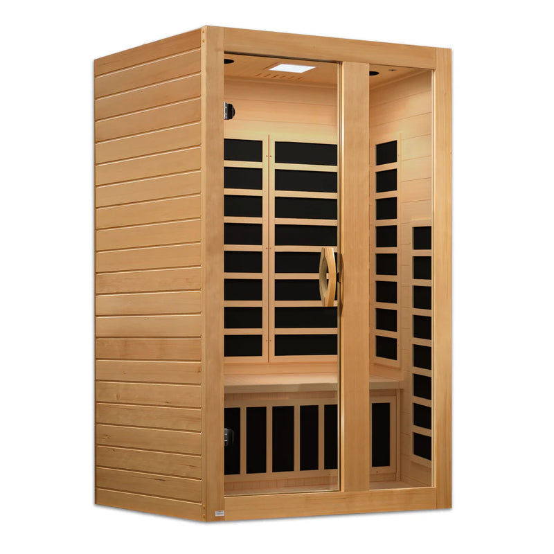 Golden Designs Serena 2-person ultra-low EMF far infrared sauna with sleek wooden interior and digital control panel.