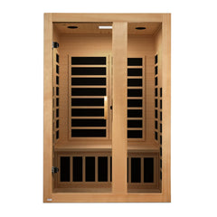 Golden Designs Elite Serena 2-person ultra low EMF far infrared sauna with wood interior and digital control panel.