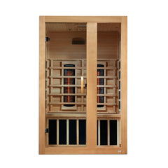 Golden Designs "Serena" 2-person full spectrum infrared sauna, modern design with glass door and wooden interior.