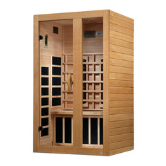 Golden Designs Serena 2-person full spectrum infrared sauna with wooden interior and glass door, new 2026 model.