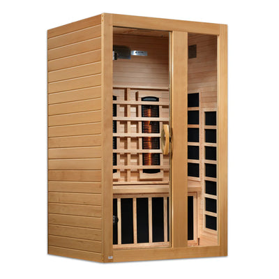 Golden Designs Serena 2-person full spectrum infrared sauna showing wooden interior with built-in benches and infrared panels.