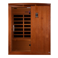 Golden Designs Elite Madrid Limited 3-person ultra low EMF FAR IR sauna with wooden interior and digital control panel.